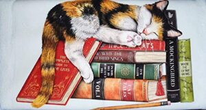 mary lake thompson literary sleeping book cat dish towel,white