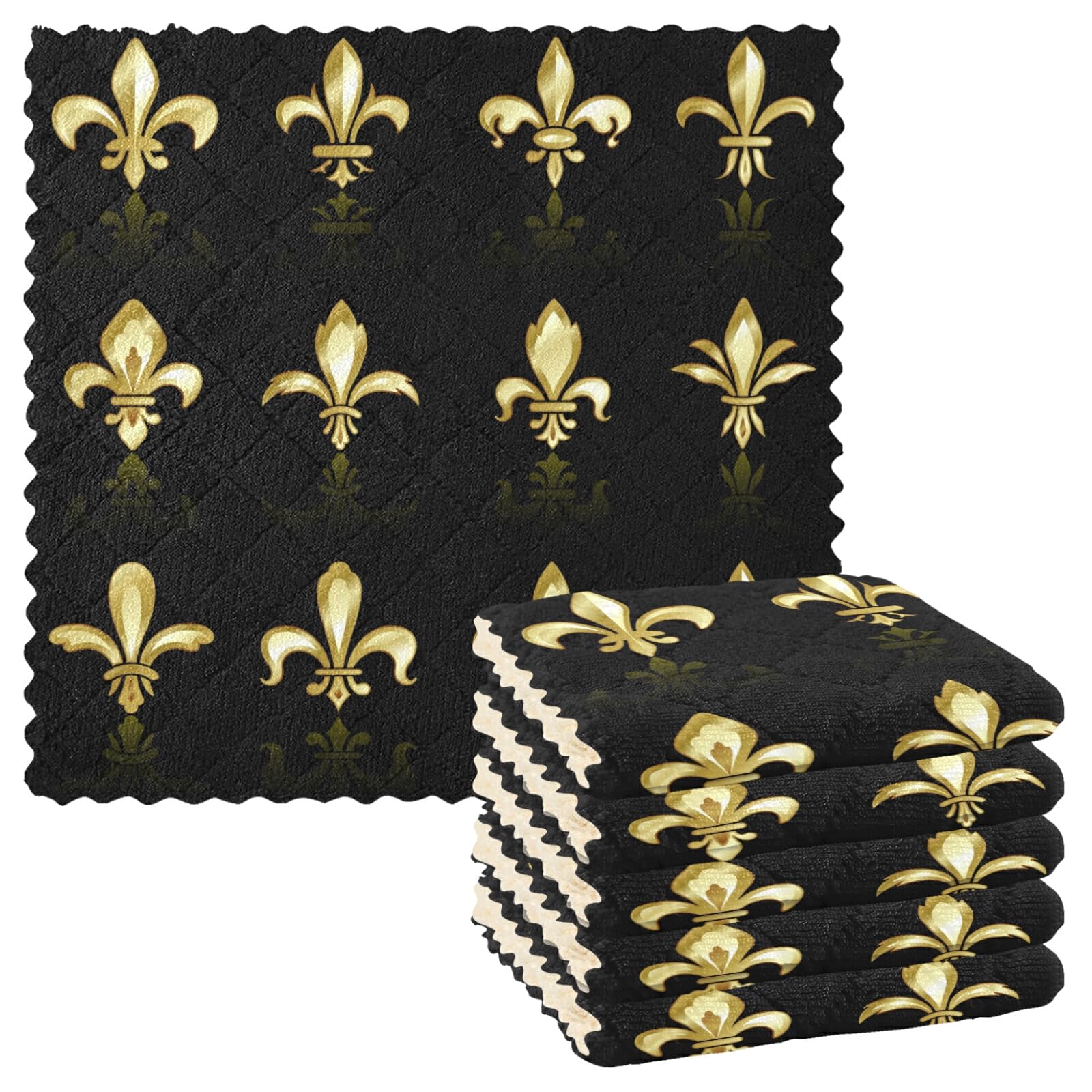 Gold Golden Fleur De Lis Design Collection Sets Seamless on Black 6 Set Kitchen Dish Towels, Washcloths Cleaning Cloths Dish Cloths, Absorbent Towels Lint Free Bar Tea Soft Waffle Towel 11"x11"