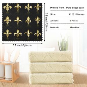 Gold Golden Fleur De Lis Design Collection Sets Seamless on Black 6 Set Kitchen Dish Towels, Washcloths Cleaning Cloths Dish Cloths, Absorbent Towels Lint Free Bar Tea Soft Waffle Towel 11"x11"