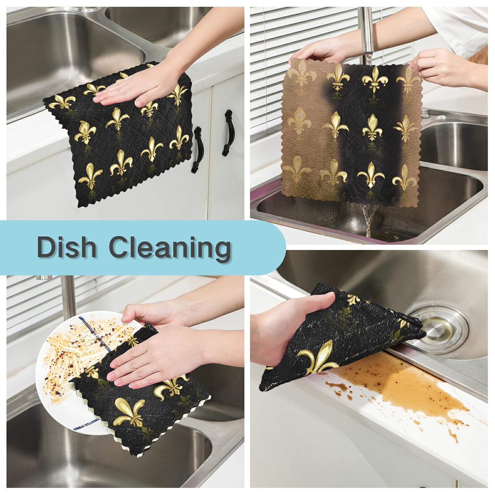 Gold Golden Fleur De Lis Design Collection Sets Seamless on Black 6 Set Kitchen Dish Towels, Washcloths Cleaning Cloths Dish Cloths, Absorbent Towels Lint Free Bar Tea Soft Waffle Towel 11"x11"