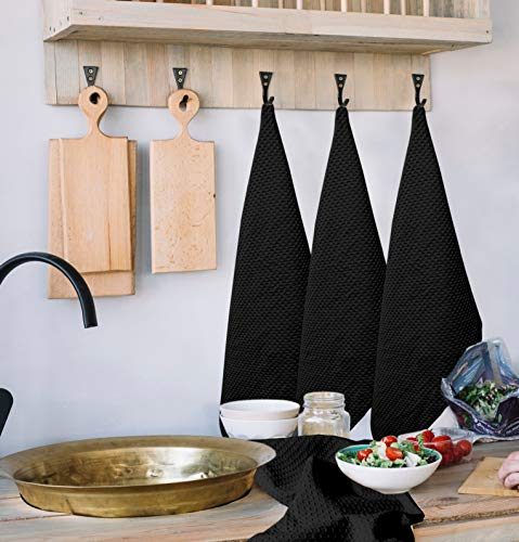 Nap n Dish Kitchen Towels 100% Cotton Waffle Weave Dish Towels, Set of 12 Bar Towels, Quick Drying Tea Towels with Hanging Loop, Washable Bar Towels for Table/Kitchen Cleaning-Black