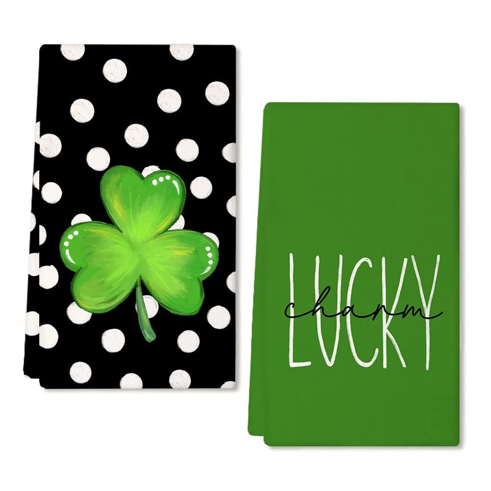 ARKENY St Patricks Day White Polka Dot Kitchen Towels Dish Towels St. Patrick's Day Decorations for Home Décor Ultra Absorbent Bar Drying Cloth 18x26 Inch Hand Towel for Cooking Set of 2