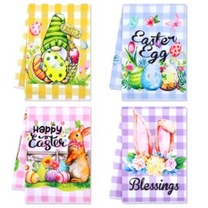rumia 4 pcs easter kitchen towels buffalo plaid happy easter kitchen dish towels dishcloth 18 x 26 inch easter gnomes bunny eggs hand towels for spring easter housewarming gifts kitchen decor