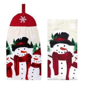 st. nicholas square christmas kitchen print towels, set of 2, one hanging tie-top with button loop cotton terry towel snowman family for and household red, black, beige, green, orange 16 x 25 inches
