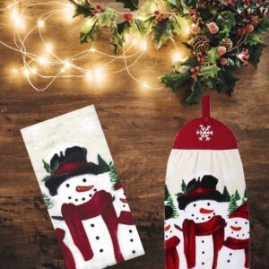 St. Nicholas Square Christmas Kitchen Print Towels, Set of 2, One Hanging Tie-Top with Button Loop Cotton Terry Towel Snowman Family for and Household Red, Black, Beige, Green, Orange 16 x 25 inches