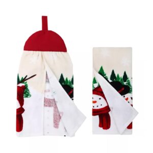 St. Nicholas Square Christmas Kitchen Print Towels, Set of 2, One Hanging Tie-Top with Button Loop Cotton Terry Towel Snowman Family for and Household Red, Black, Beige, Green, Orange 16 x 25 inches