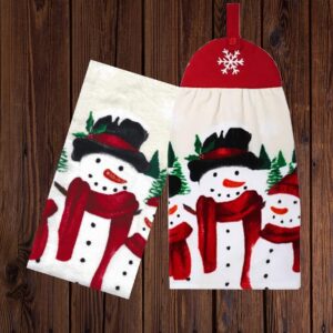 St. Nicholas Square Christmas Kitchen Print Towels, Set of 2, One Hanging Tie-Top with Button Loop Cotton Terry Towel Snowman Family for and Household Red, Black, Beige, Green, Orange 16 x 25 inches