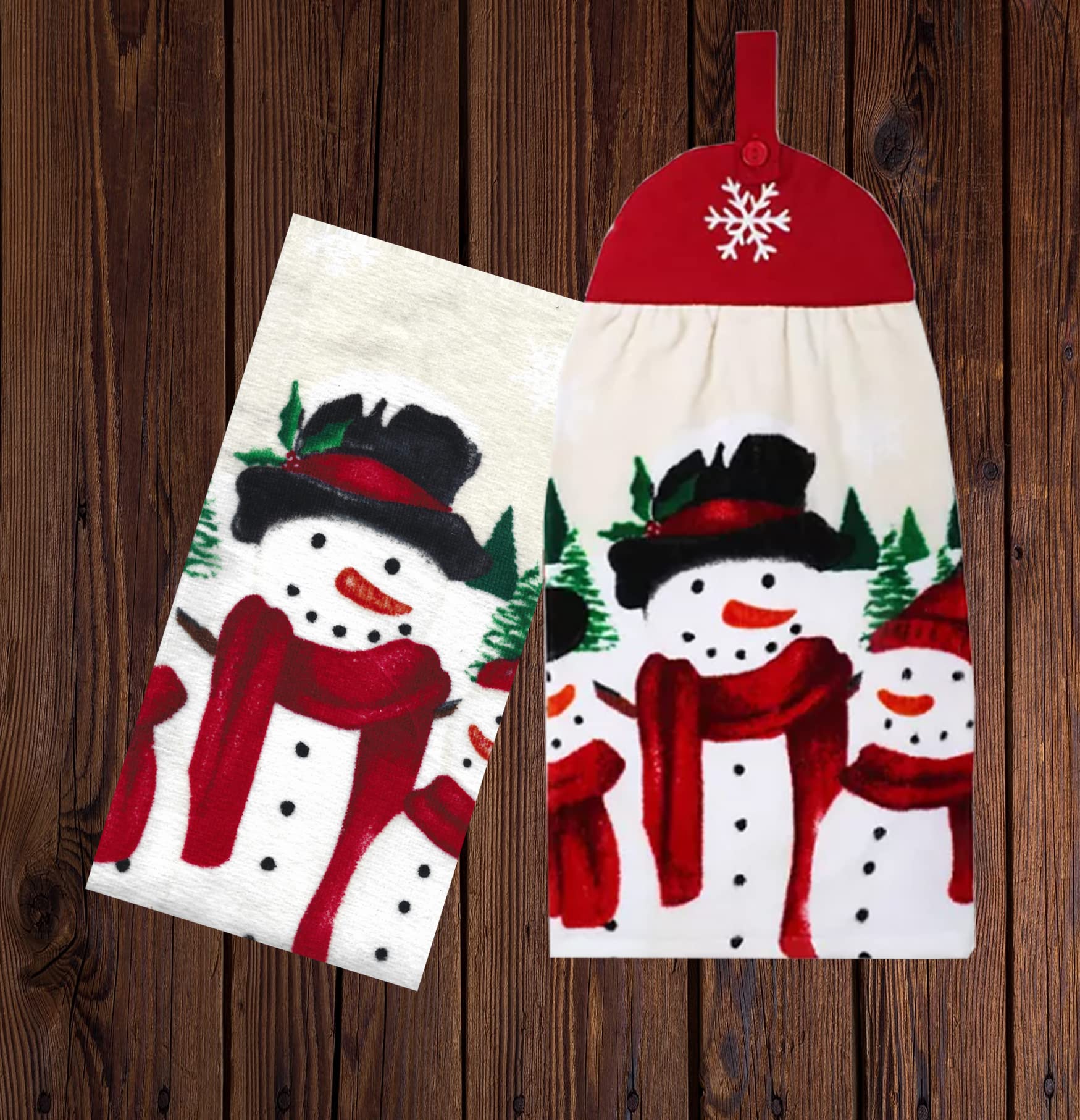 St. Nicholas Square Christmas Kitchen Print Towels, Set of 2, One Hanging Tie-Top with Button Loop Cotton Terry Towel Snowman Family for and Household Red, Black, Beige, Green, Orange 16 x 25 inches