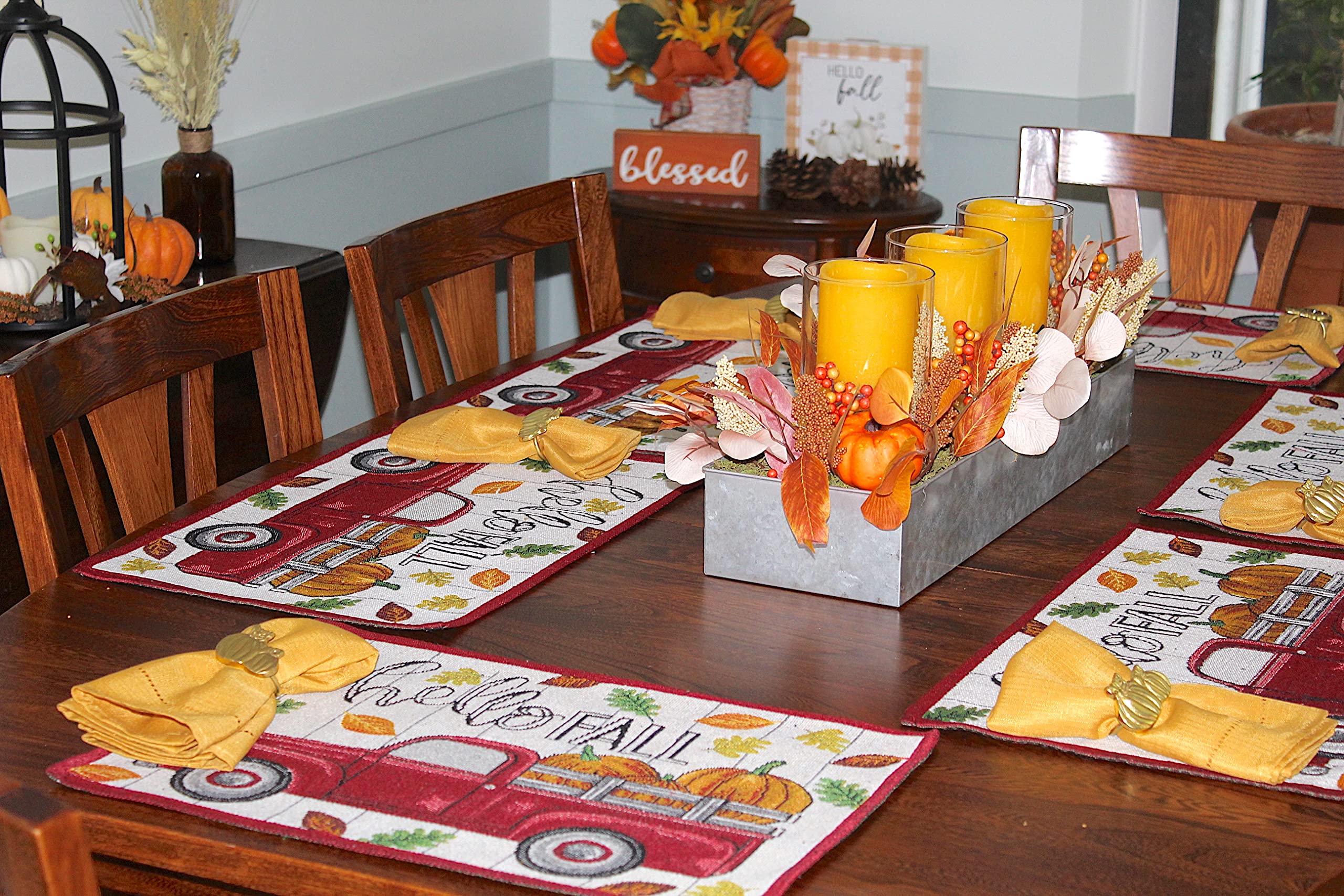 Fall Farmhouse Red Truck and Pumpkins Placemats, Hello Fall Set of Six (6) Colorful Tapestry Weave Fabric, for Holiday's, Thanksgiving, Autumn and Fall