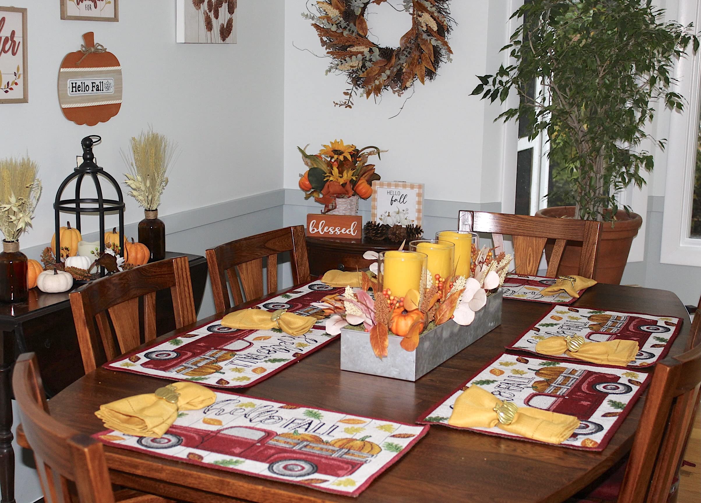 Fall Farmhouse Red Truck and Pumpkins Placemats, Hello Fall Set of Six (6) Colorful Tapestry Weave Fabric, for Holiday's, Thanksgiving, Autumn and Fall