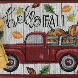 Fall Farmhouse Red Truck and Pumpkins Placemats, Hello Fall Set of Six (6) Colorful Tapestry Weave Fabric, for Holiday's, Thanksgiving, Autumn and Fall