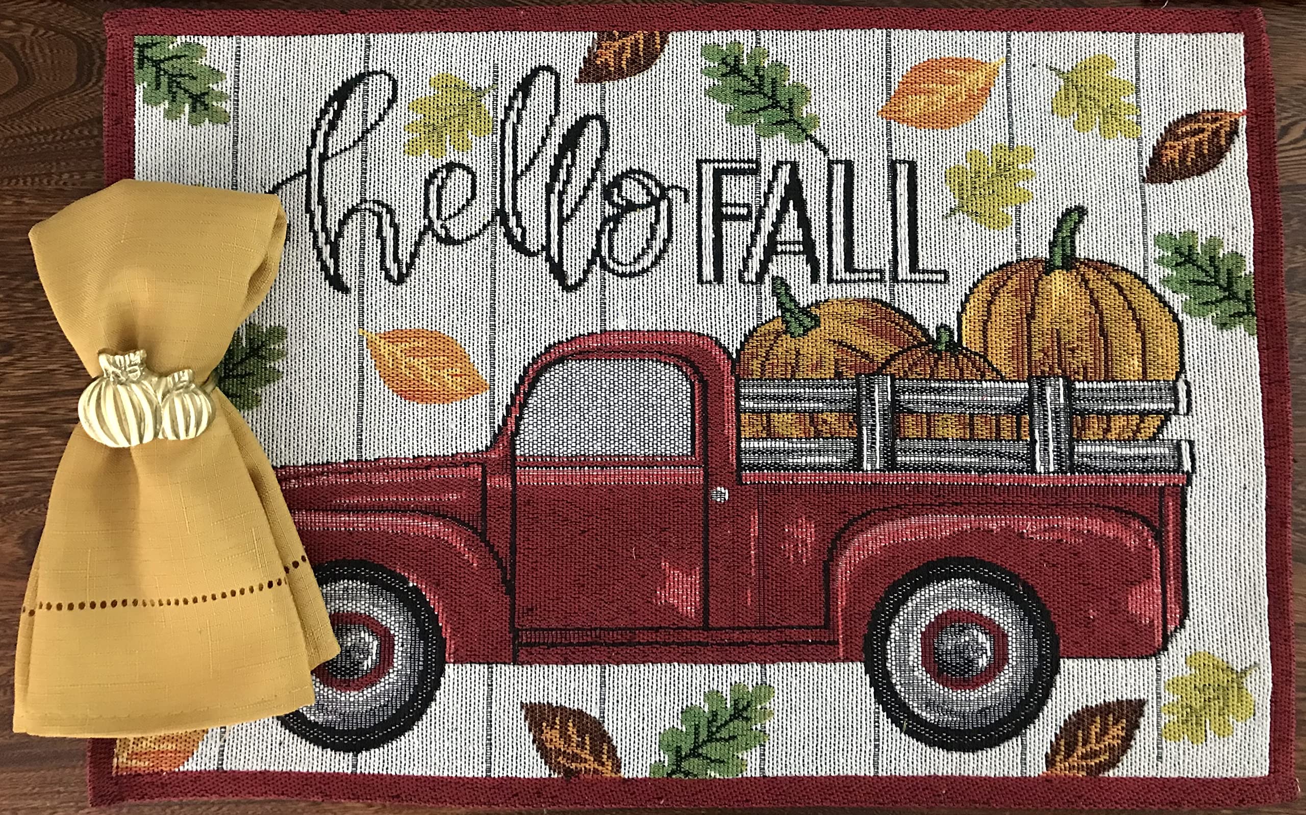 Fall Farmhouse Red Truck and Pumpkins Placemats, Hello Fall Set of Six (6) Colorful Tapestry Weave Fabric, for Holiday's, Thanksgiving, Autumn and Fall