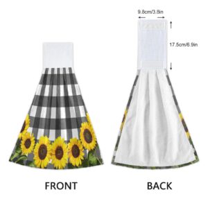 Kcldeci Sunflower Hanging Towels Kitchen Dish Towels with Hanging Loop Buffalo Check Plaid Absorbent Dish Clothes Kitchen Wears Hanging Tie Towels Set of 2