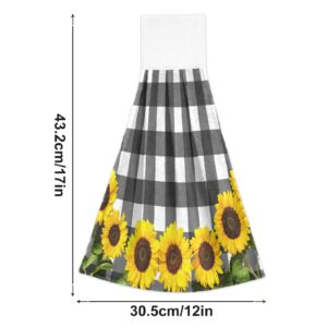 Kcldeci Sunflower Hanging Towels Kitchen Dish Towels with Hanging Loop Buffalo Check Plaid Absorbent Dish Clothes Kitchen Wears Hanging Tie Towels Set of 2