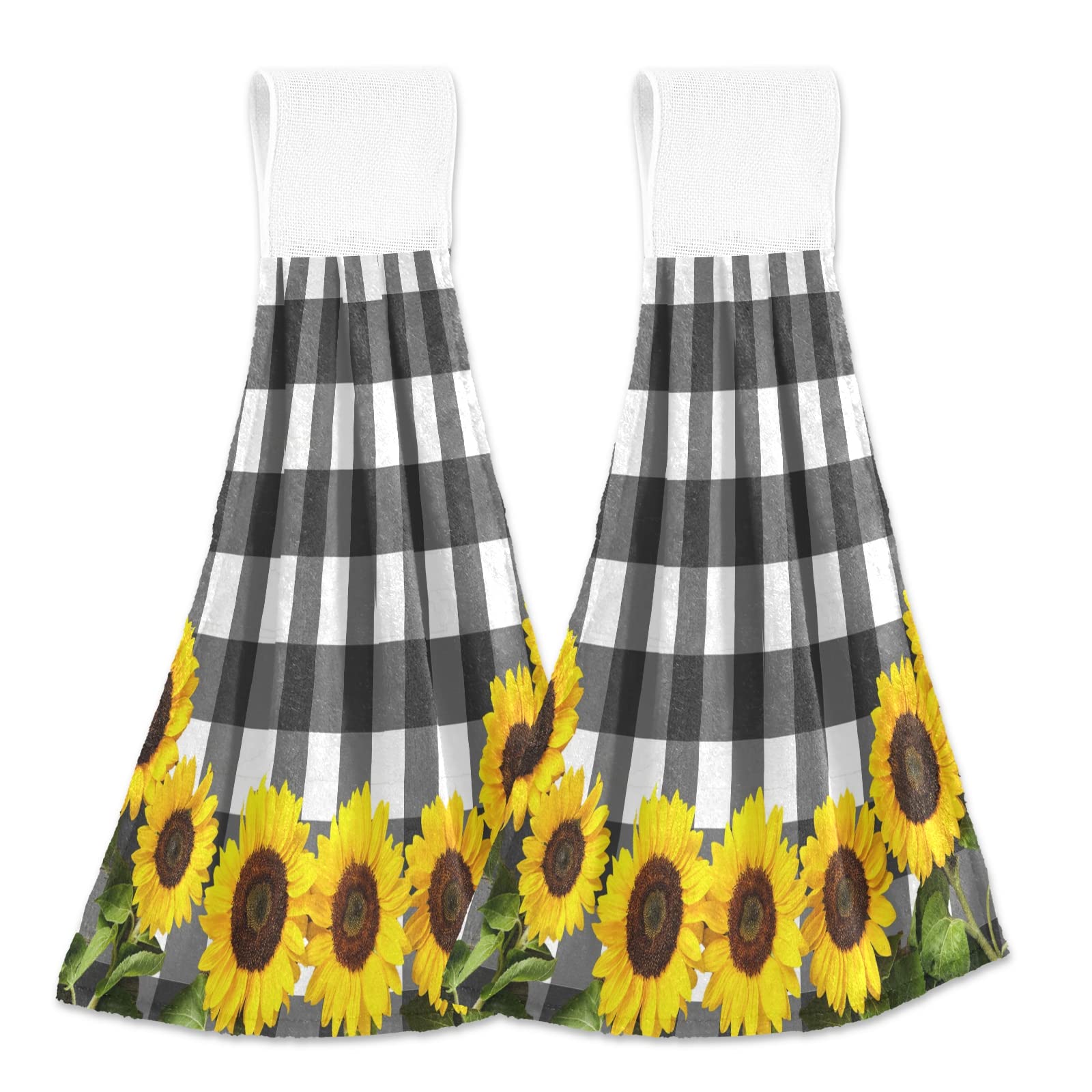 Kcldeci Sunflower Hanging Towels Kitchen Dish Towels with Hanging Loop Buffalo Check Plaid Absorbent Dish Clothes Kitchen Wears Hanging Tie Towels Set of 2