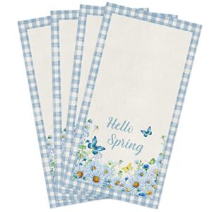 aomike kitchen towels set of 4, hello spring country daisy butterfly retro blue plaid dish towels absorbent soft kitchen hand towels tea towels for house cleaning and decorate, 18" x 28"