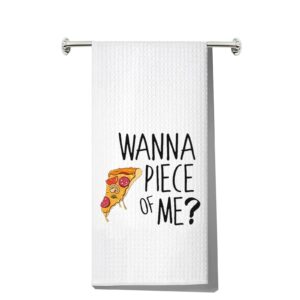 levlo funny pizza kitchen towel pizza lover gift wanna piece of me tea towels housewarming gift waffle weave kitchen decor dish towels (wanna piece pizza)