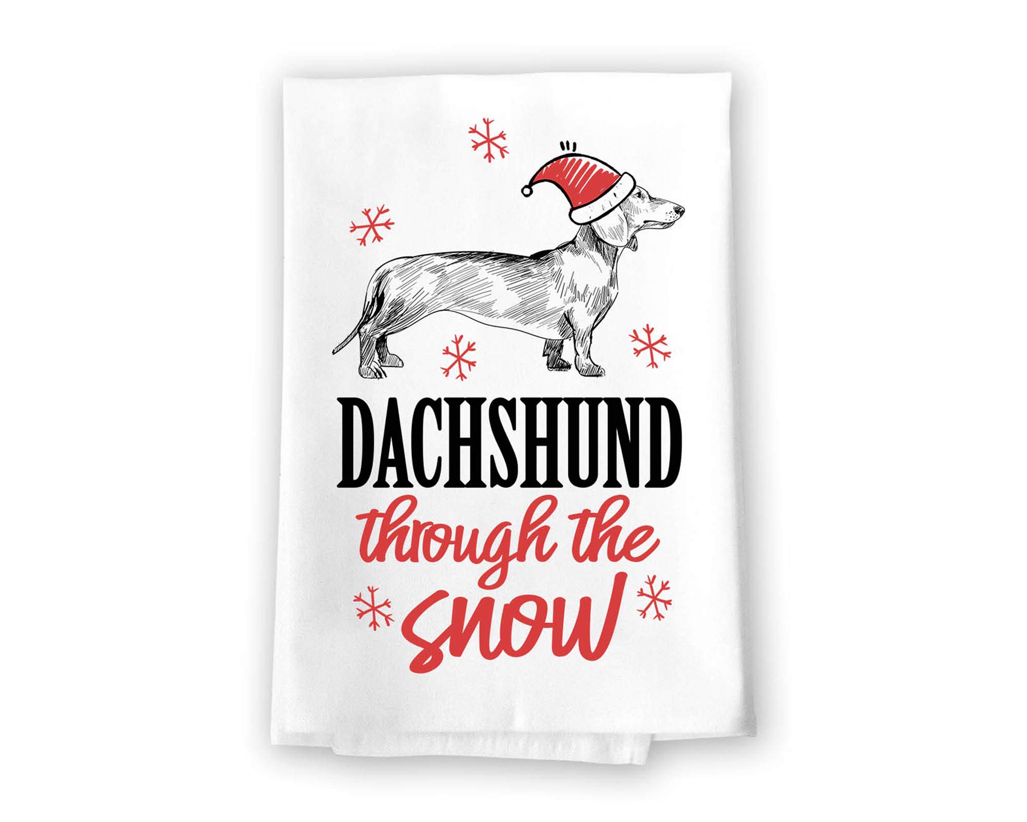 Honey Dew Gifts, Dachshund Through The Snow, Flour Sack Towel, 27 x 27 Inch, Made in USA, Funny Kitchen Towels, Dachshund Christmas Decorations, Dog Mom Gifts, Funny