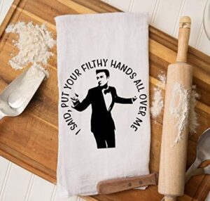 justin put your filthy hands on me, timblerlake kitchen towel gift, jt christmas towel gift, n sync kitchen towel, boy band gift