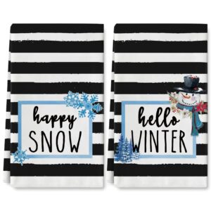anydesign hello winter kitchen towel white black stripe dish towel christmas snowman snowflake happy snow tea towel xmas hand drying towel for farmhouse cooking baking, 18 x 28 inch, 2 pack