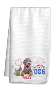 the creating studio goldendoodle all american dog kitchen towel, housewarming gift, hostess gift, 4th of july, patriotic pet decor, 16"x24" (name on towel)