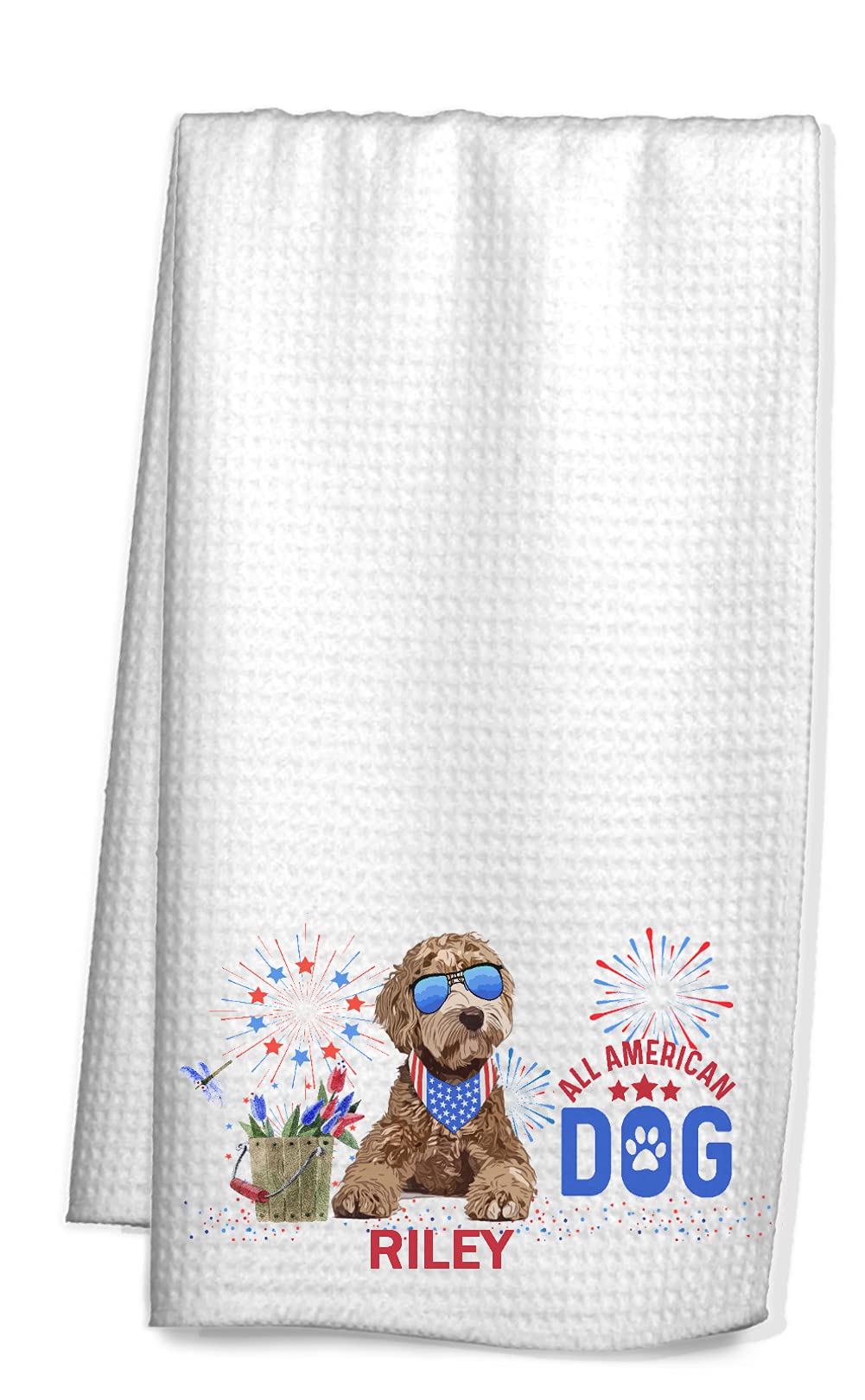 The Creating Studio Goldendoodle All American Dog Kitchen Towel, Housewarming Gift, Hostess Gift, 4th of July, Patriotic Pet Decor, 16"x24" (Name on Towel)