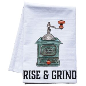 rise and grind premium tea towel - vintage coffee grinder, xl flour sack tea towel, dish towel, coffee themed gifts for the coffee station - made in the usa