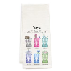 the pine trove custom yaya gifts from grandkids, personalized yaya tea towel, boots design (off-white, 100% flour sack cotton, 28x30 inch)