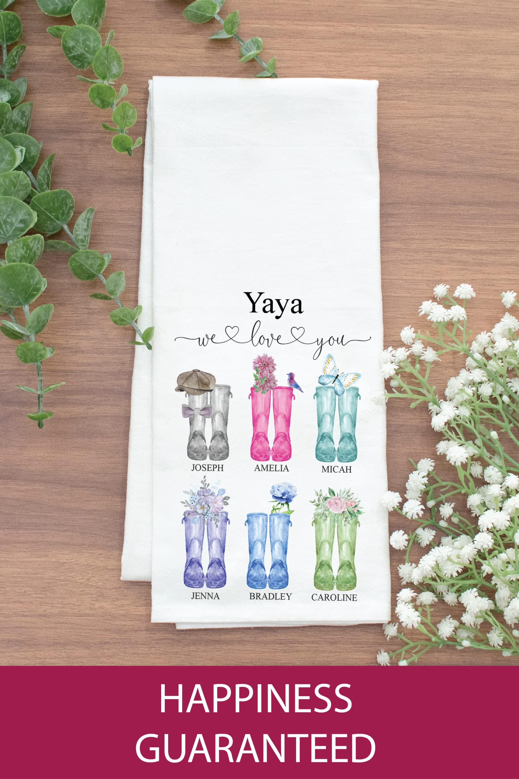 The Pine Trove Custom Yaya Gifts from Grandkids, Personalized Yaya Tea Towel, Boots Design (Off-White, 100% Flour Sack Cotton, 28x30 inch)