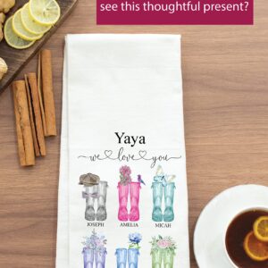 The Pine Trove Custom Yaya Gifts from Grandkids, Personalized Yaya Tea Towel, Boots Design (Off-White, 100% Flour Sack Cotton, 28x30 inch)