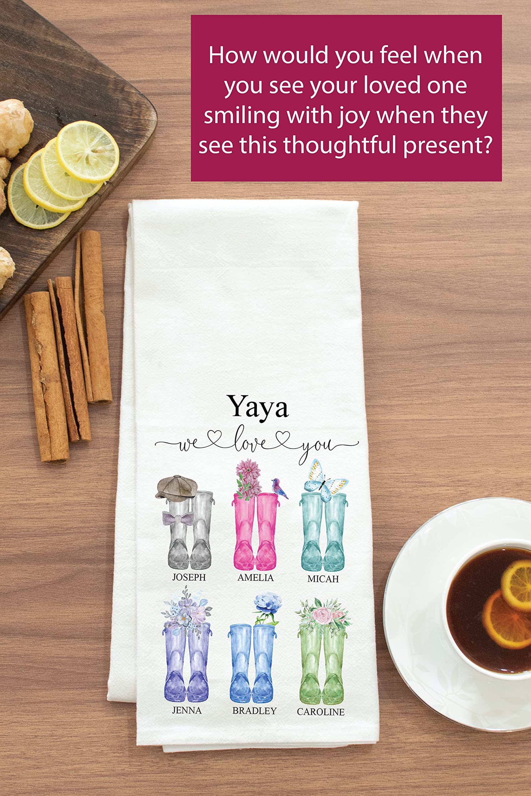 The Pine Trove Custom Yaya Gifts from Grandkids, Personalized Yaya Tea Towel, Boots Design (Off-White, 100% Flour Sack Cotton, 28x30 inch)