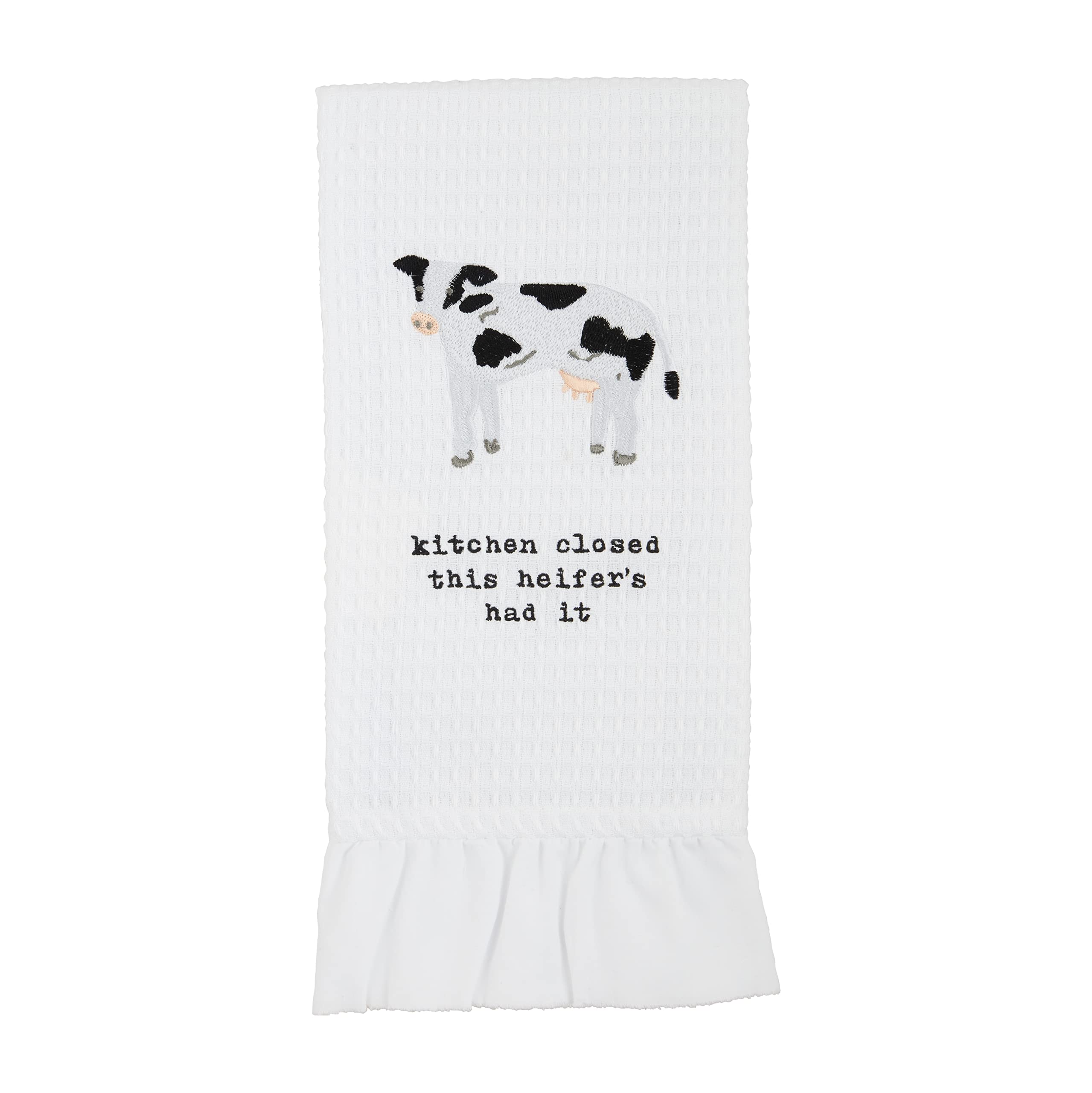 Mud Pie Waffle Ruffle Edge Towel, Cow, 25" x 16"