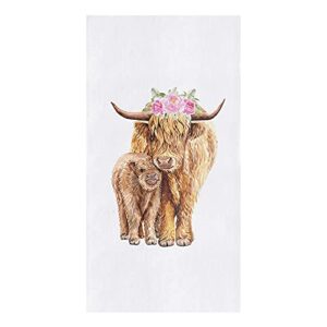 yun nist kitchen dish towels,spring scottish highland cow white back soft microfiber dish cloths reusable hand towels,cartoon animal pink flower washable tea towel for dishes counters 1 pack