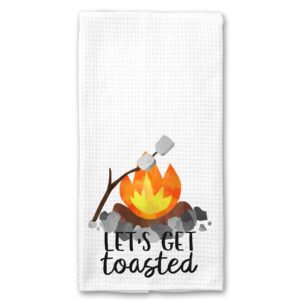 let's get toasted watercolor look funny microfiber kitchen towel camping gift