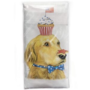 mary lake-thompson golden retriever with cupcake, cookie, and flag flour sack towel