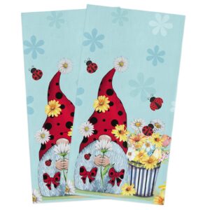 amzricher 2 pack spring teal floral kitchen towels with hanging loop super absorbent soft dish towels for kitchen ladybug gnomes summer bright daisy tea hand towels drying cleaning home decor