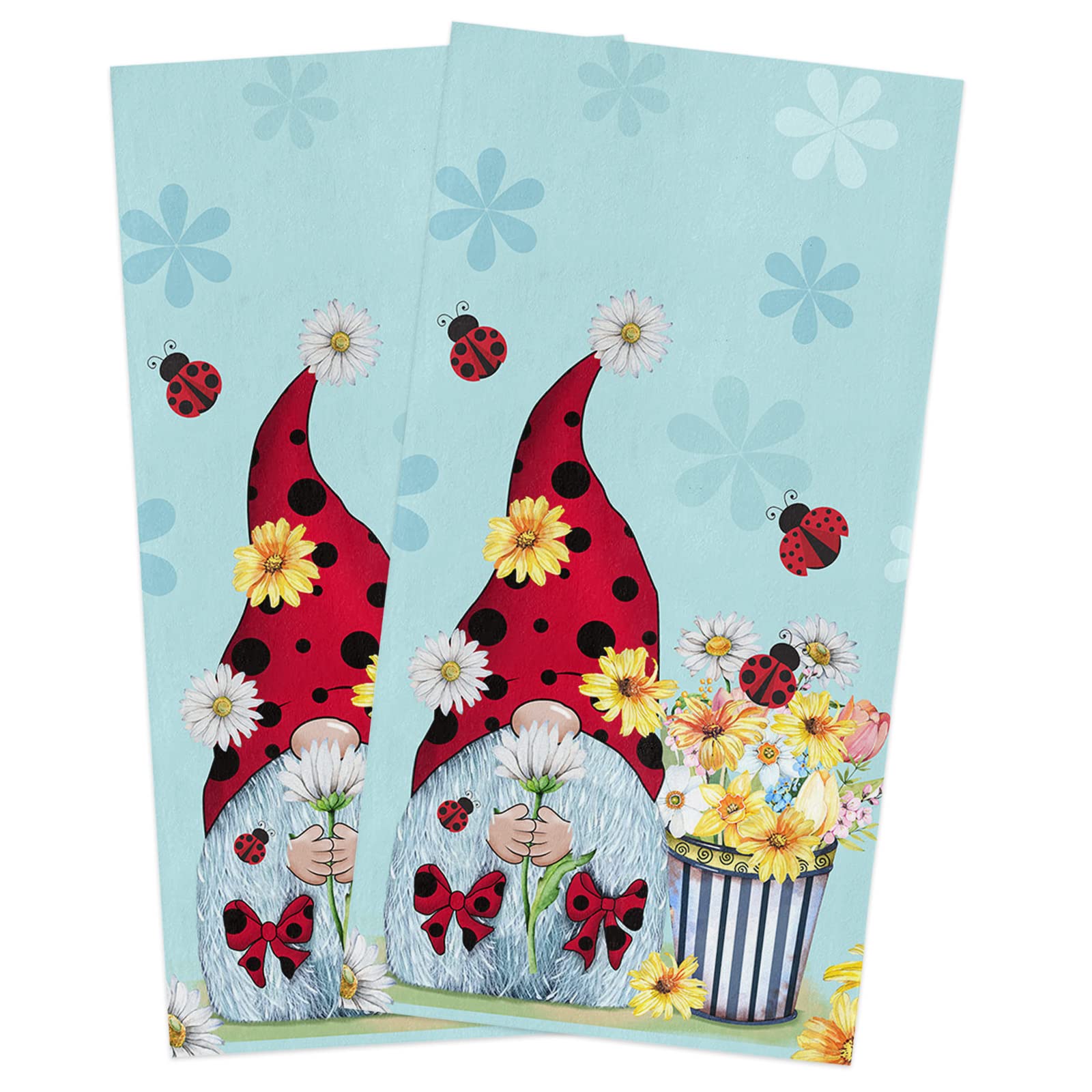 AMZRicher 2 Pack Spring Teal Floral Kitchen Towels with Hanging Loop Super Absorbent Soft Dish Towels for Kitchen Ladybug Gnomes Summer Bright Daisy Tea Hand Towels Drying Cleaning Home Decor