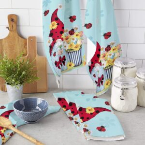 AMZRicher 2 Pack Spring Teal Floral Kitchen Towels with Hanging Loop Super Absorbent Soft Dish Towels for Kitchen Ladybug Gnomes Summer Bright Daisy Tea Hand Towels Drying Cleaning Home Decor