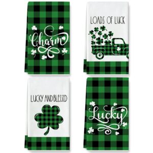 anydesign st. patrick's day kitchen dish towel lucky shamrock truck tea towel green black buffalo plaids hand drying towel for cooking baking cleaning wipes, set of 4. 18 x 28 inch