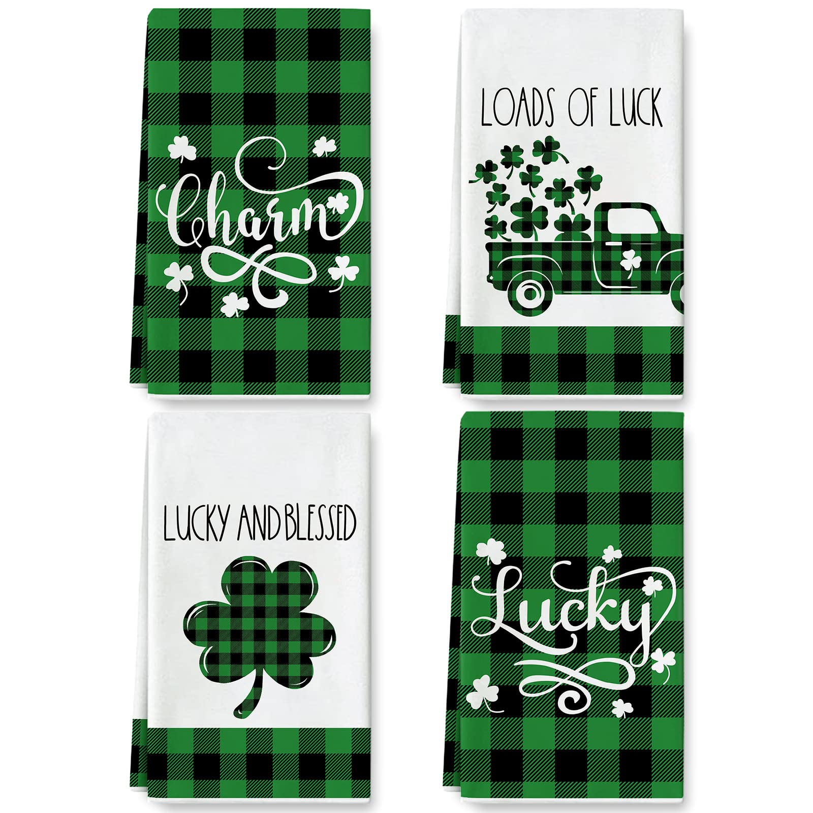 AnyDesign St. Patrick's Day Kitchen Dish Towel Lucky Shamrock Truck Tea Towel Green Black Buffalo Plaids Hand Drying Towel for Cooking Baking Cleaning Wipes, Set of 4. 18 x 28 Inch