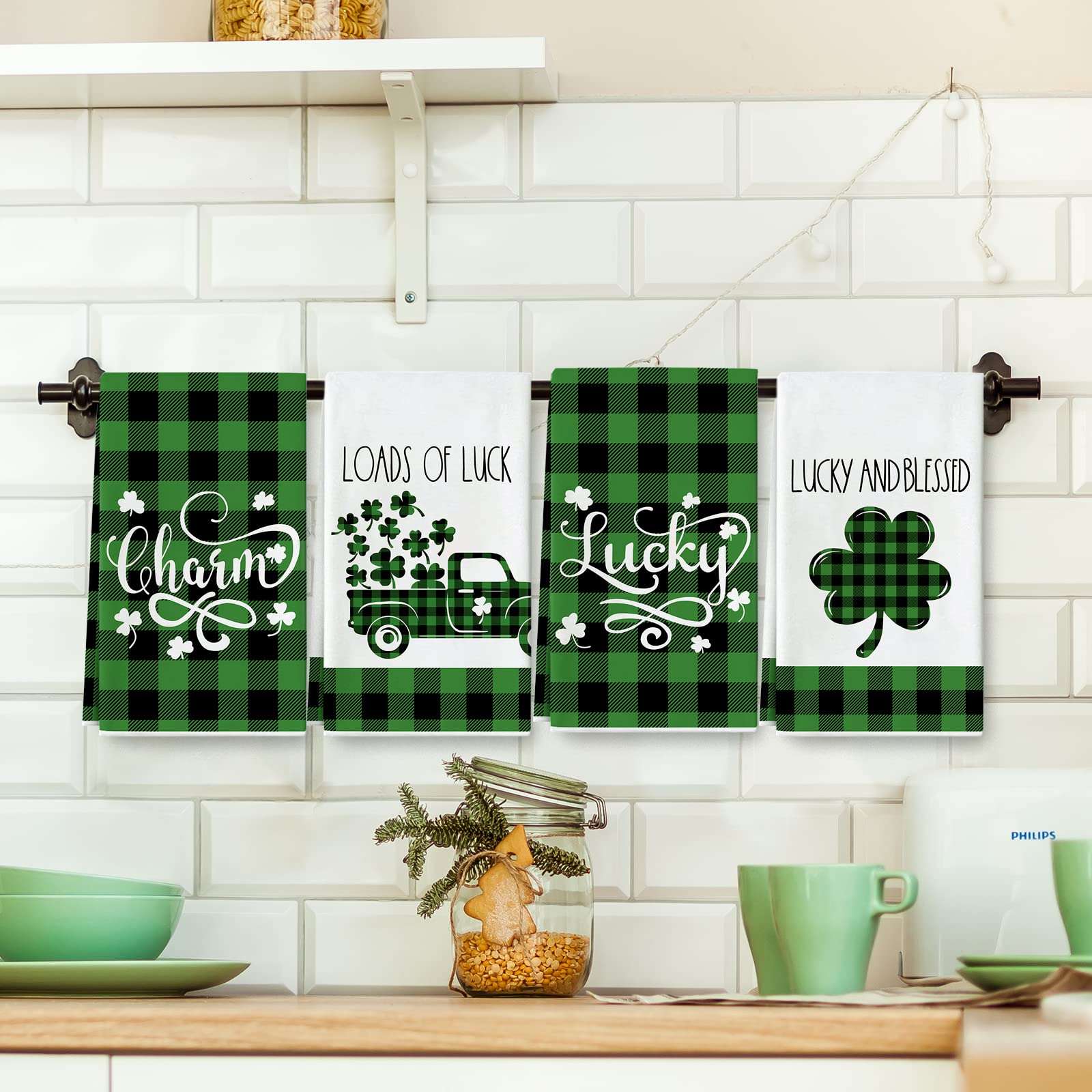 AnyDesign St. Patrick's Day Kitchen Dish Towel Lucky Shamrock Truck Tea Towel Green Black Buffalo Plaids Hand Drying Towel for Cooking Baking Cleaning Wipes, Set of 4. 18 x 28 Inch