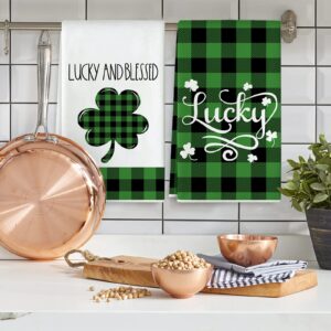 AnyDesign St. Patrick's Day Kitchen Dish Towel Lucky Shamrock Truck Tea Towel Green Black Buffalo Plaids Hand Drying Towel for Cooking Baking Cleaning Wipes, Set of 4. 18 x 28 Inch