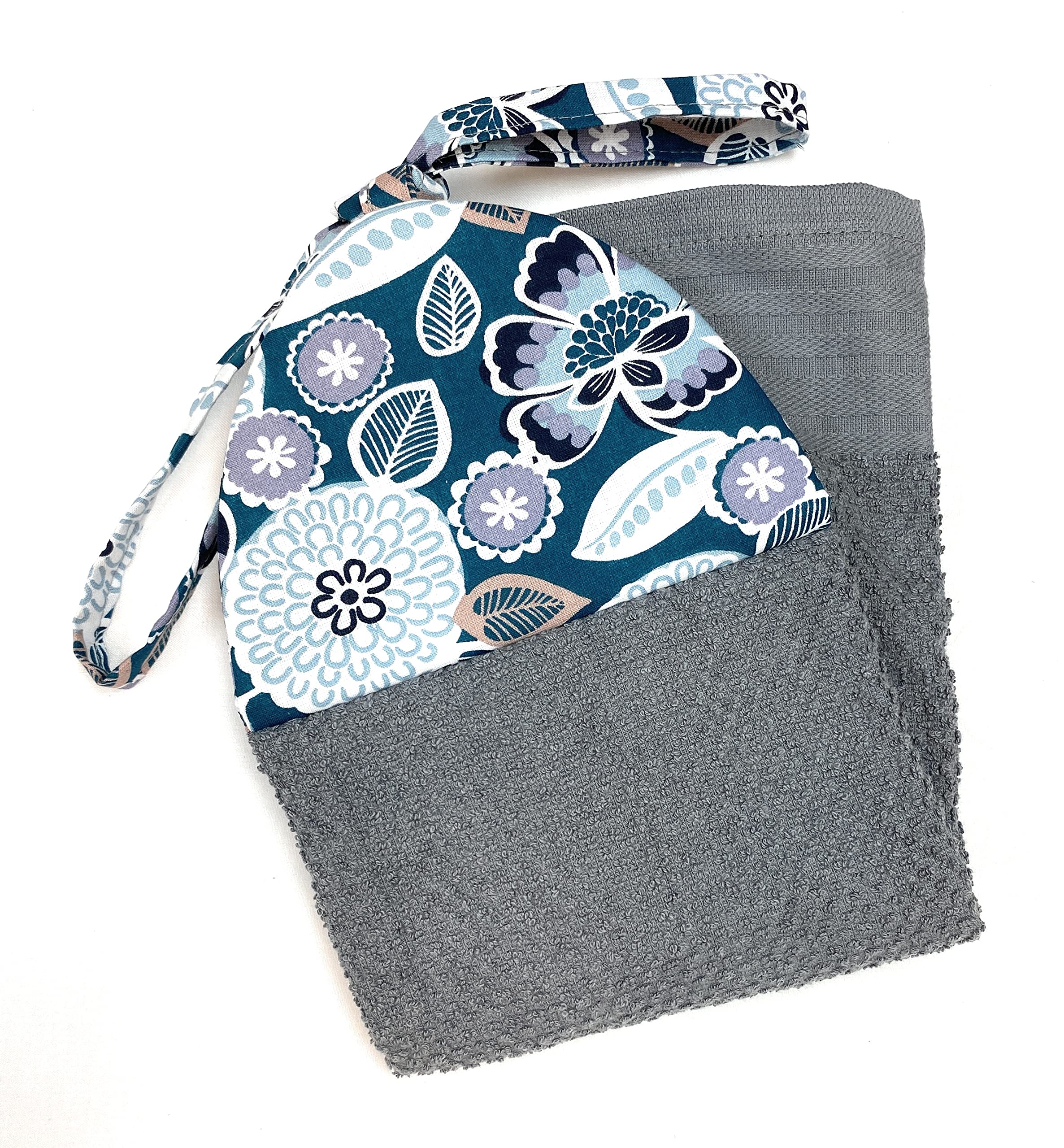 Teal Gray Grey White Flowers Ties On Stays Put Grey Kitchen Bathroom Hanging Loop Hand Dish Towel