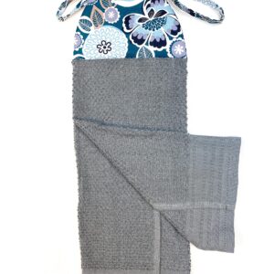 Teal Gray Grey White Flowers Ties On Stays Put Grey Kitchen Bathroom Hanging Loop Hand Dish Towel