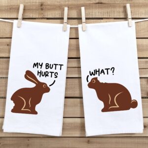 Chocolate Bunny My Butt Hurts What Set of 2 Tea Towels Funny Cute Easter Rabbit Humor Flour Sack Dish Bathroom or Kitchen Decor Hand Towel