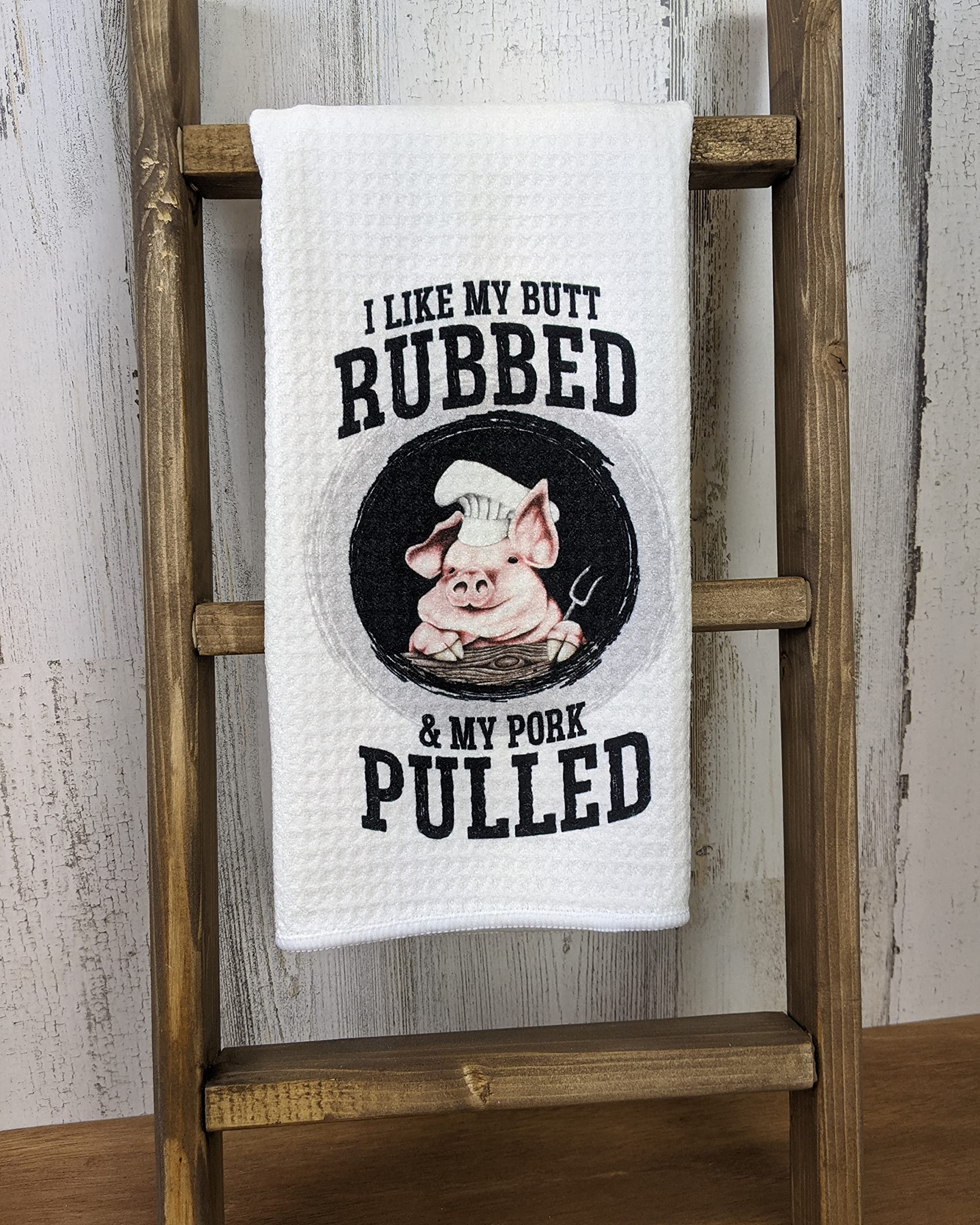 I Like My Butt Rubbed and My Pork Pulled - White Waffle Weave Hand Towel Pig Chef Decor BBQ Grilling Gift