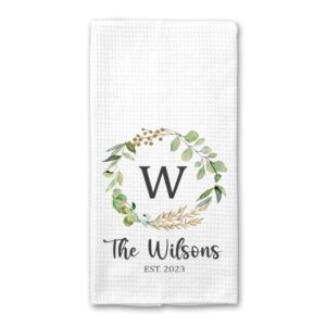 personalized wreath monogram tea towel, waffle weave tea towel, housewarming gift, farmhouse decor, wedding gift