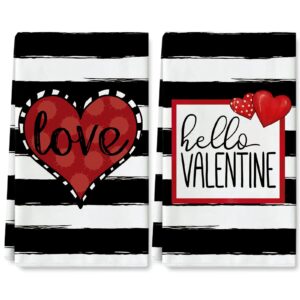 anydesign valentine's day kitchen towel love hello valentine dish towel 18 x 28 inch white black stripes hand drying tea towel for wedding anniversary cooking baking, set of 2