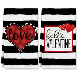 AnyDesign Valentine's Day Kitchen Towel Love Hello Valentine Dish Towel 18 x 28 Inch White Black Stripes Hand Drying Tea Towel for Wedding Anniversary Cooking Baking, Set of 2