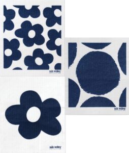 trendy tripper swedish dishcloths/sponge cloths: packs of 3 different dark blue designs (3-pk dark blue: blomma/blommor/bubble)